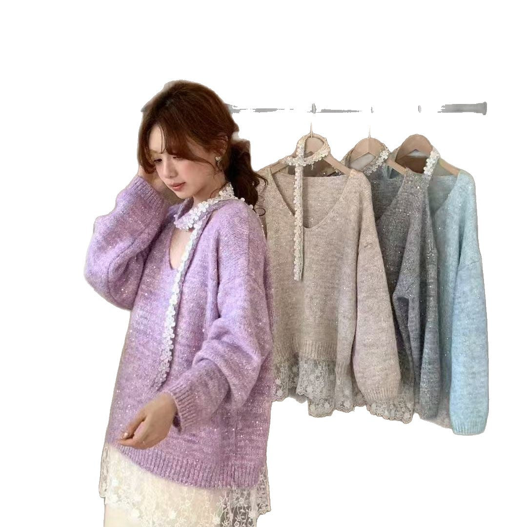 Pull en tricot cosy pour femmes avec bas en dentelle élégant Chic & Stil