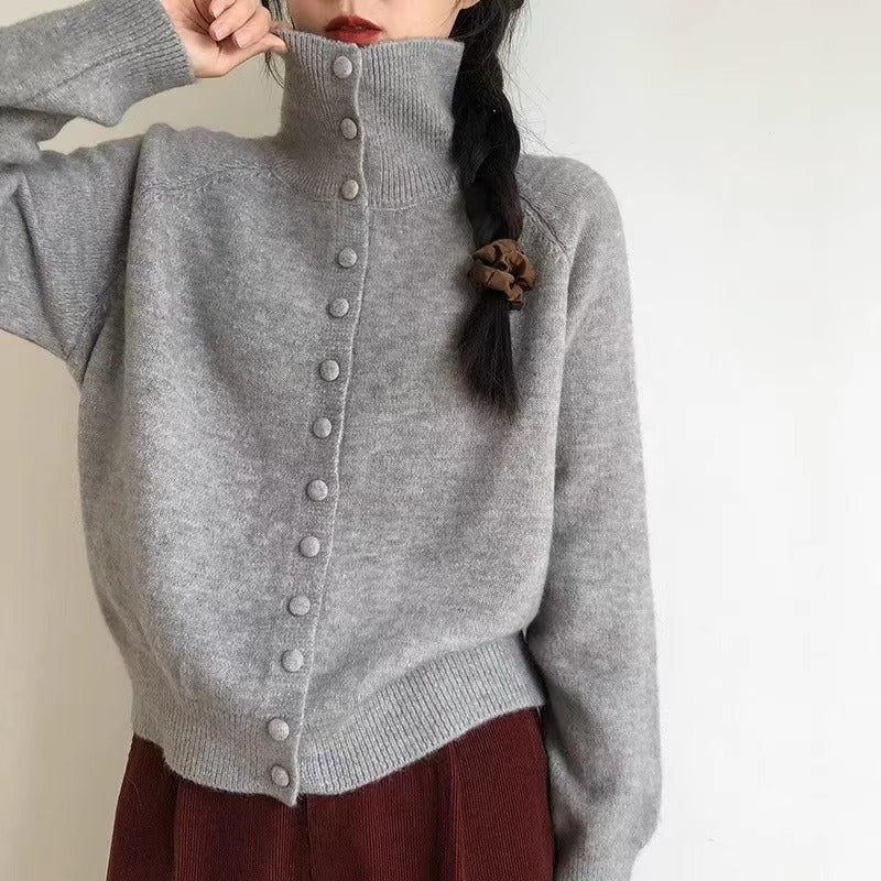 Ladies cardigan with high collar and decorative buttons Lune London