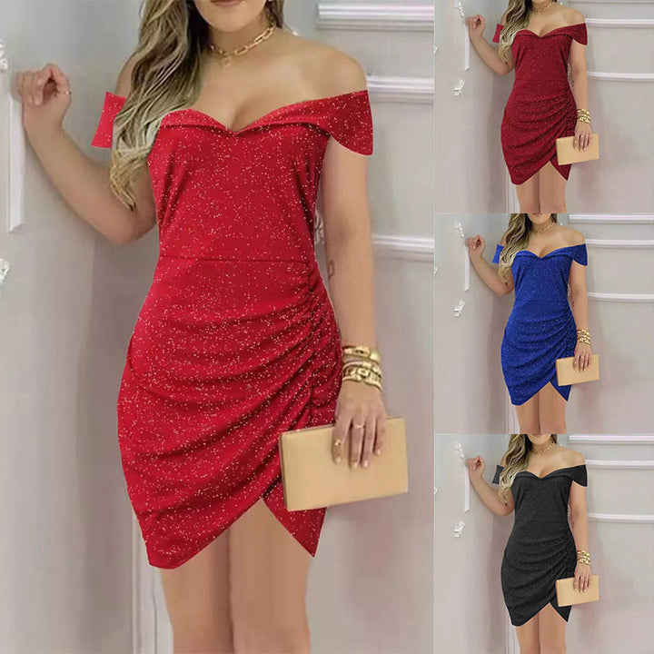 Elegant wrap dress for women with off-shoulder design and ruching Lune London