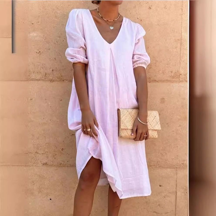 Casual linen dress for women with V-neck and puff sleeves Lune London