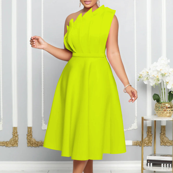 Charming one-shoulder dress for ladies with draping and fitted belt Lune London