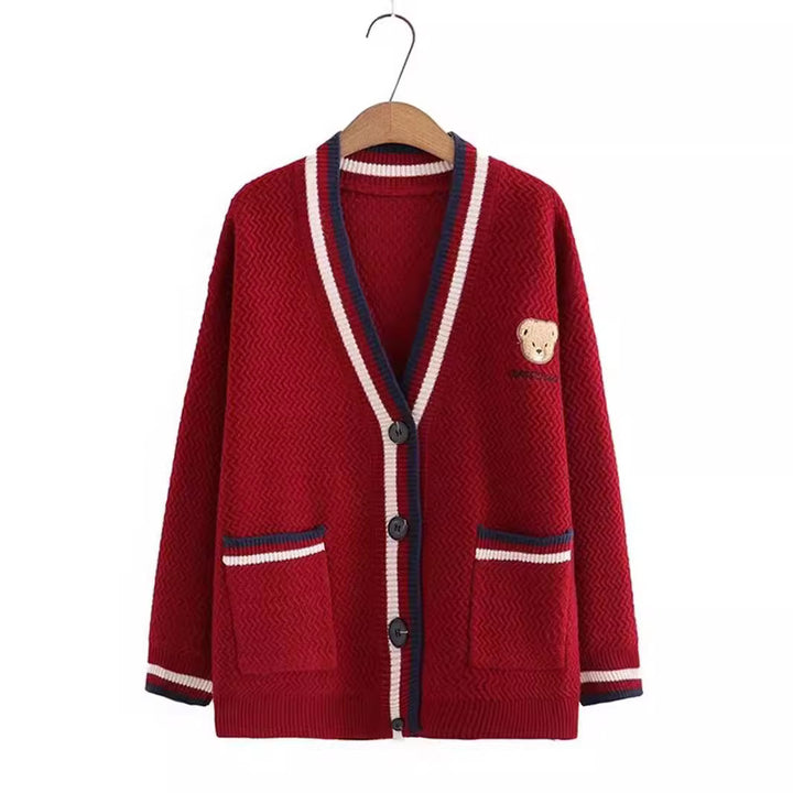 Knitted jacket for women with bear pattern and contrasting stripes Lune London