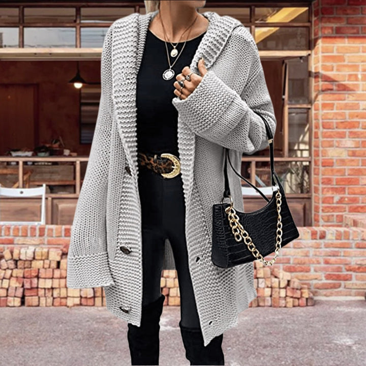 Open-knit sweater jacket for women with an elegant structured pattern and practical pockets Lune London