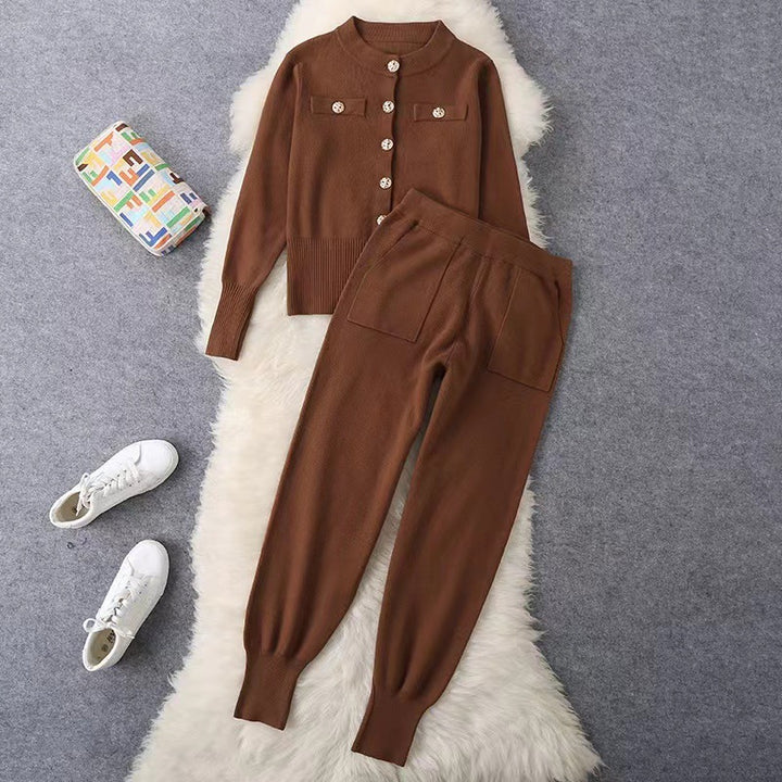 Ladies elegant knit set with chic button details and style