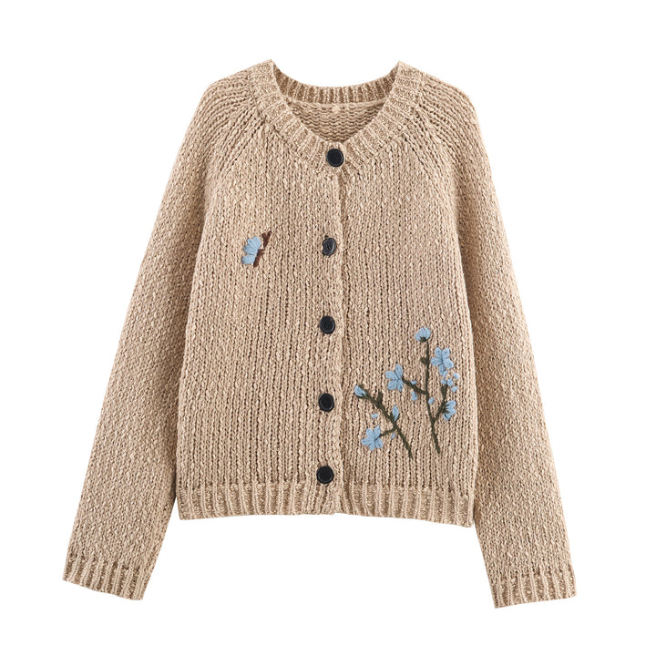 Knitted women’s jacket with embroidered floral pattern and button closure Lune London
