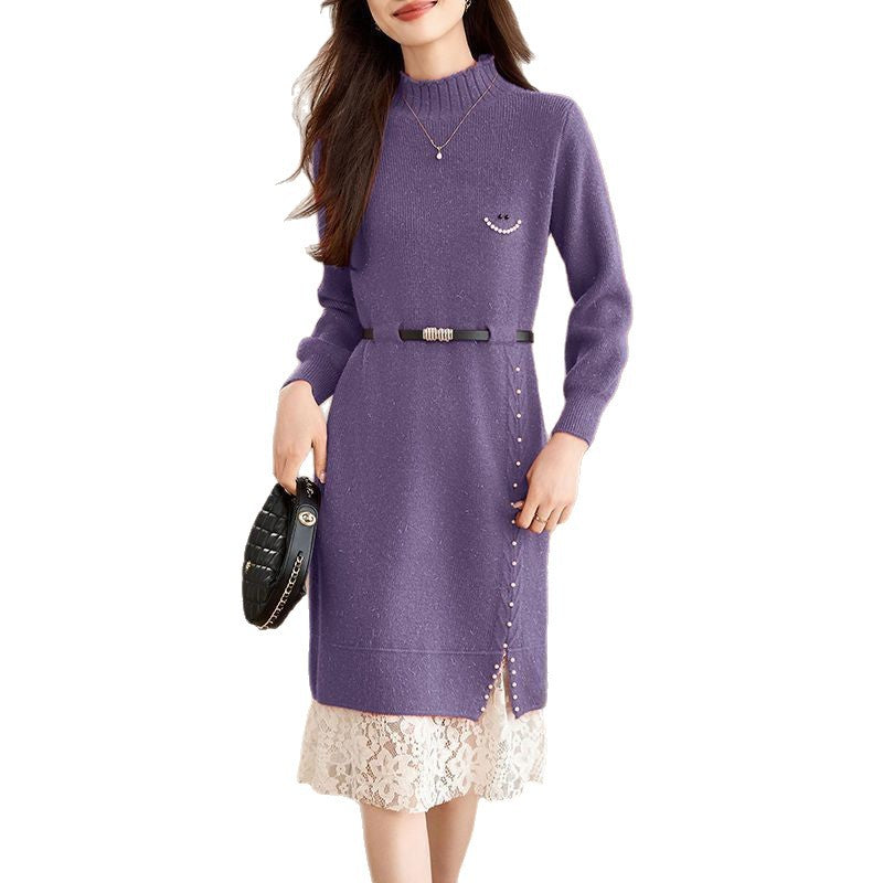 Robe tricotée femme avec des détails en perles à la mode et une ceinture élégante Chic & Stil