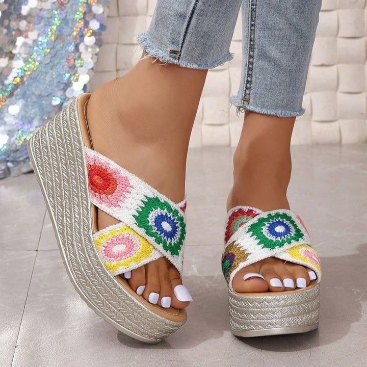 Ladies' platform sandals with a colorful floral pattern and a non-slip sole Lune London