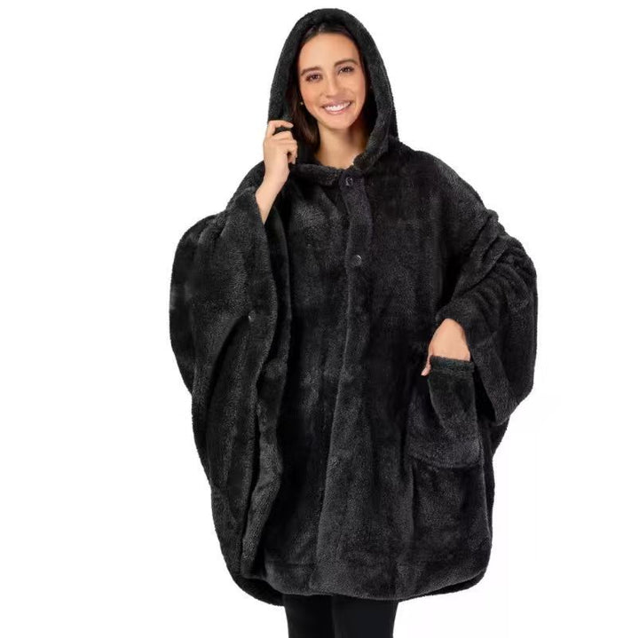 Ladies Comfortable Fleece Poncho with Hood and Practical Pockets Lune London