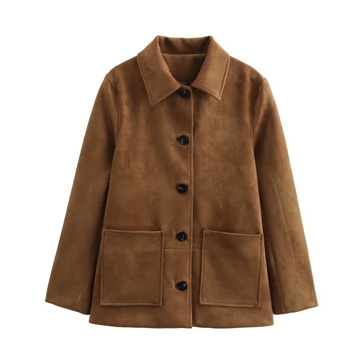 Elegant suede jacket for women with generous pockets and chic button details