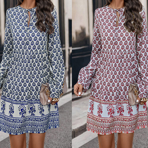 Casual blouse dress for women with a playful mix of patterns and comfortable long sleeves Lune London