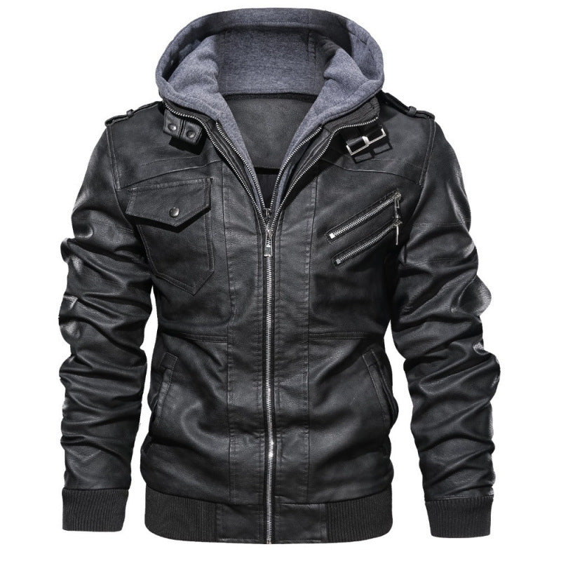 Men's leather jacket in modern biker style with removable hood Lune London
