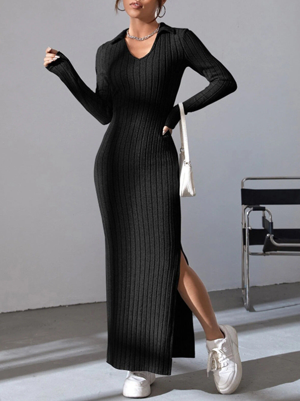 Knit dress for women with deep V-neck and side slit Lune London