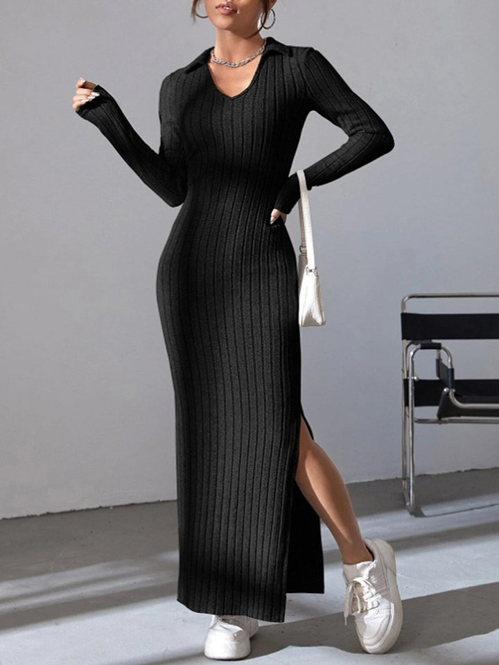 Knit dress for women with deep V-neck and side slit Lune London