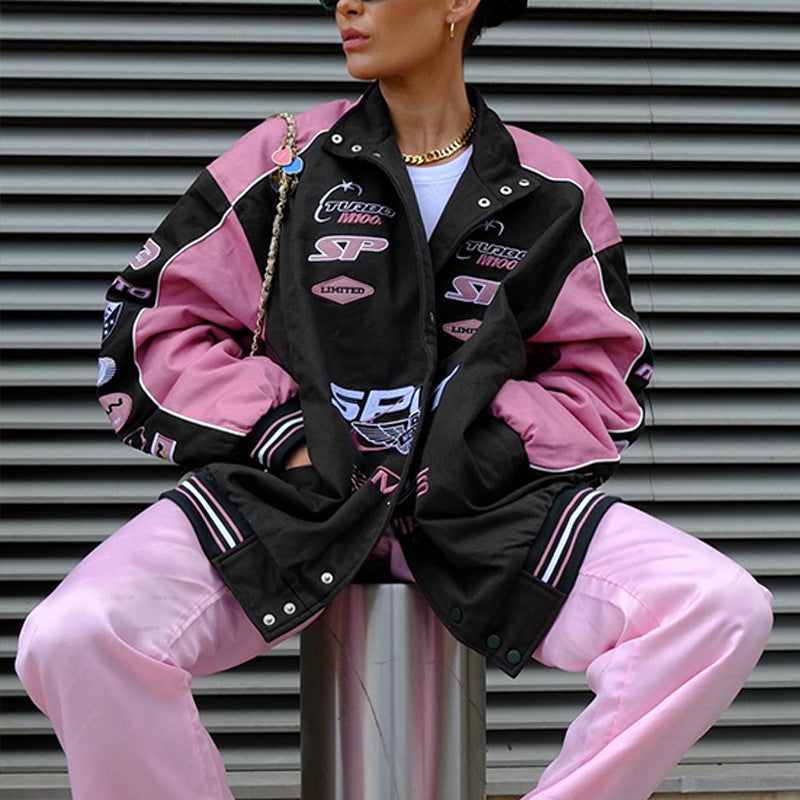 Oversized sporty college jacket for women with trendy appliqués Lune London