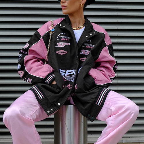 Oversized sporty college jacket for women with trendy appliqués Lune London