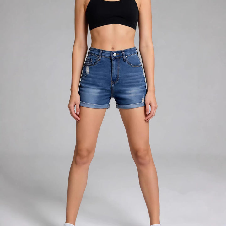 Women's High-Waist Denim Shorts with a casual cut and modern destroyed details Lune London