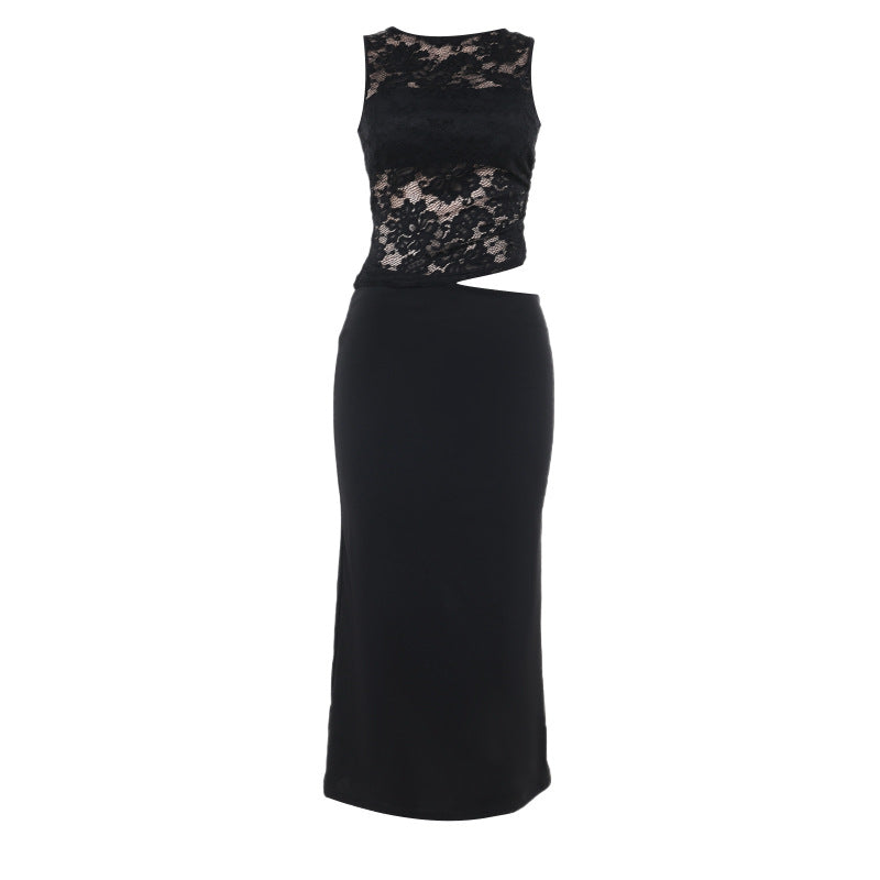 Chic woman lace overlay midi dress Lune London