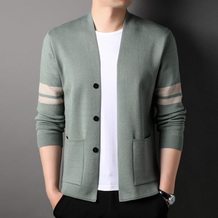 Fashion knitted cardigan for men with low collar and decorative stripes Lune London