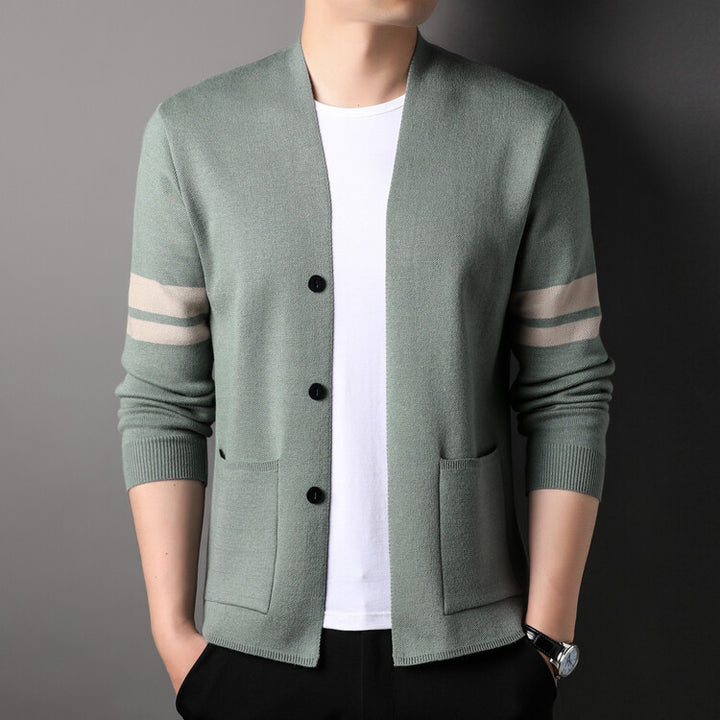 Fashion knitted cardigan for men with low collar and decorative stripes Lune London