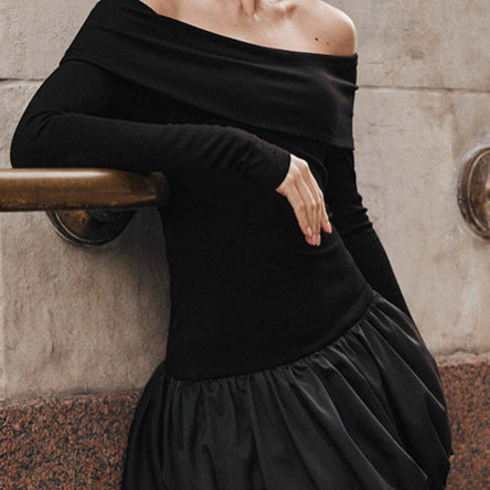 Off-shoulder cocktail dress for women with voluminous skirt and decorative belt Lune London