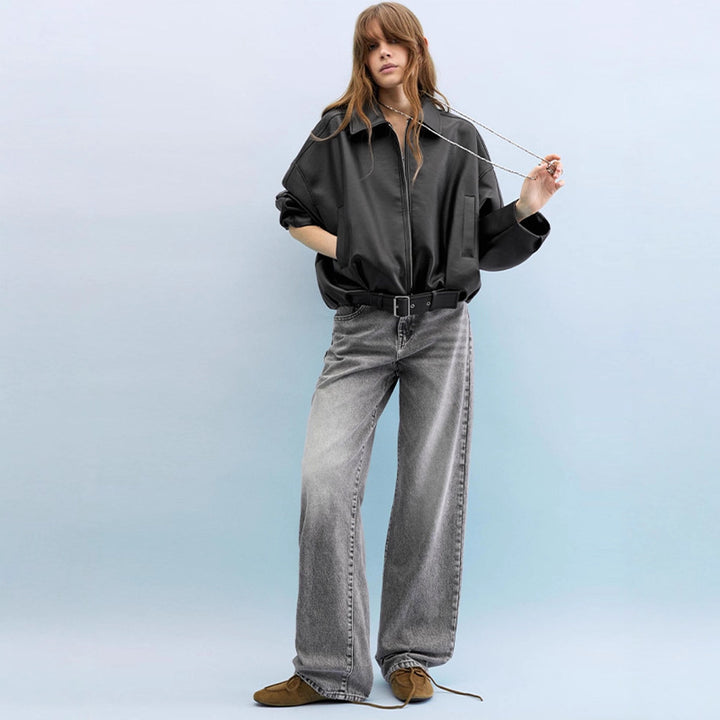 Fashion faux leather jacket for women with a loose fit and a waist belt Lune London