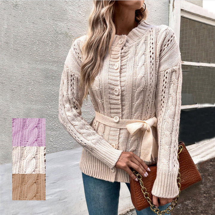 Ladies Chunky Knit Cardigan with Belt and Floral Braid Patterns Lune London