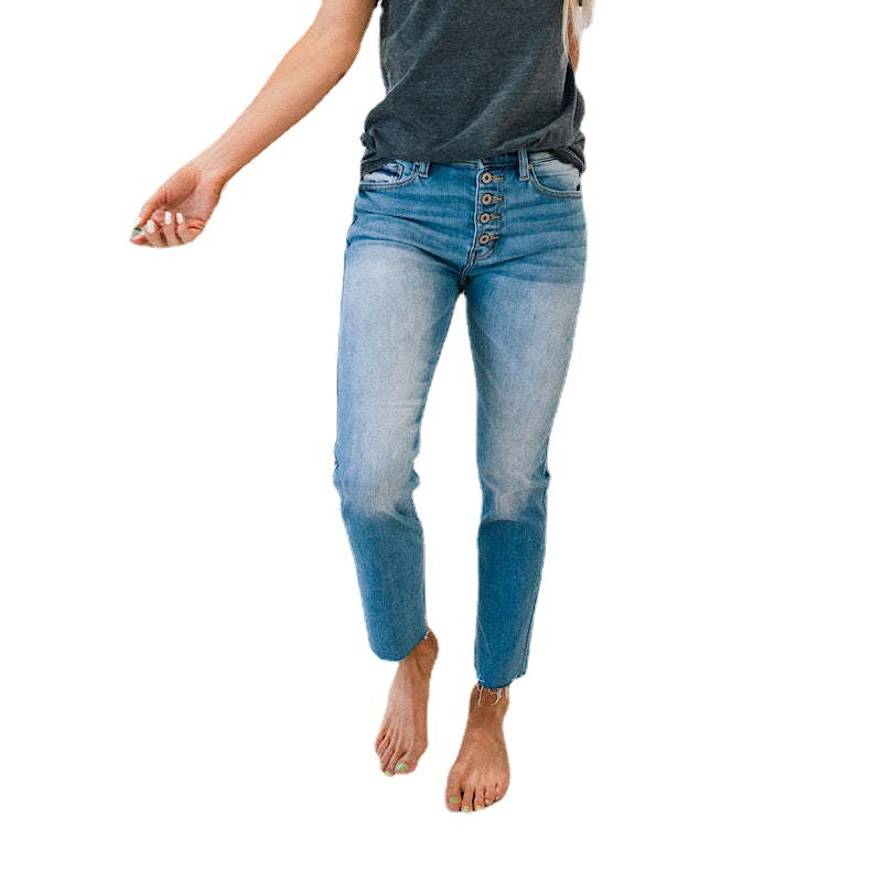 Jean femme taille haute avec insert à boutons et ourlet effiloché Chic & Stil