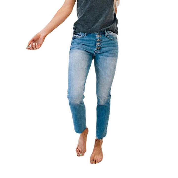 Jean femme taille haute avec insert à boutons et ourlet effiloché Chic & Stil