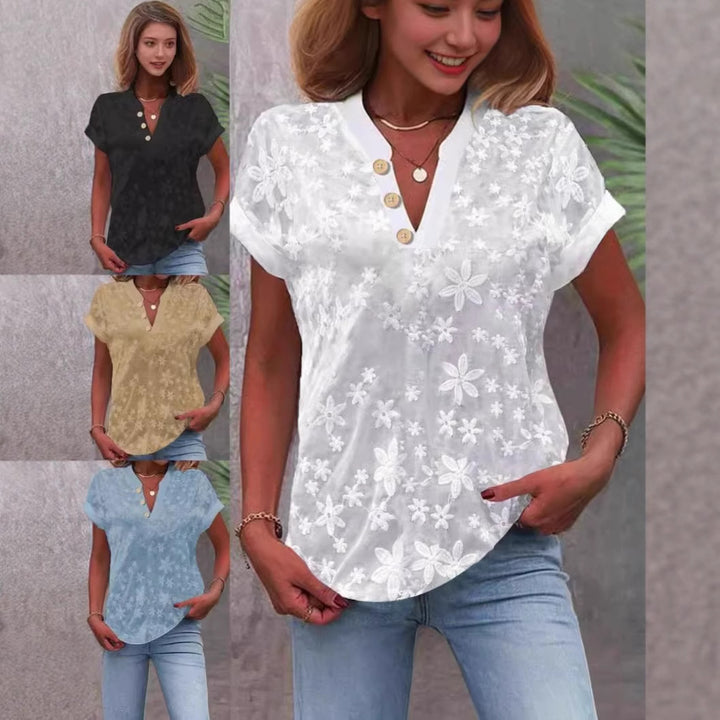 Women’s blouse with embroidered floral pattern and classic V-neck Lune London