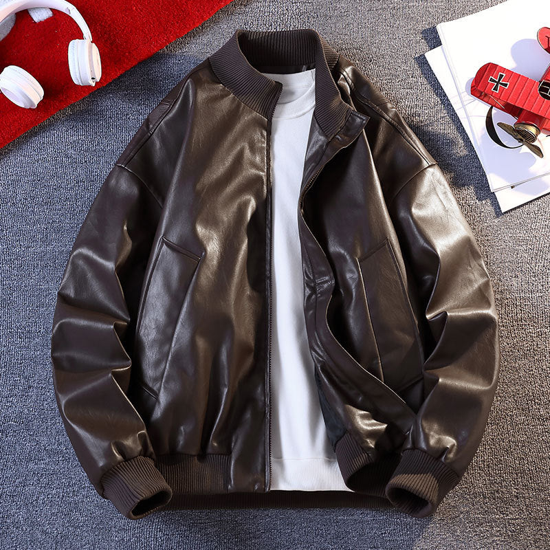 Men's faux leather bomber jacket with elastic ribbed edges and practical pockets Lune London