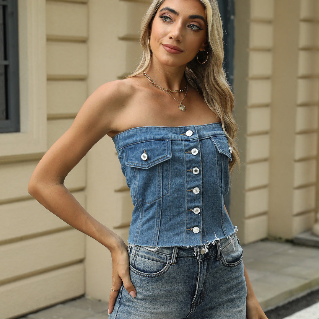 Women's Denim Top with V-neck, Button Details and Casual Chic Features