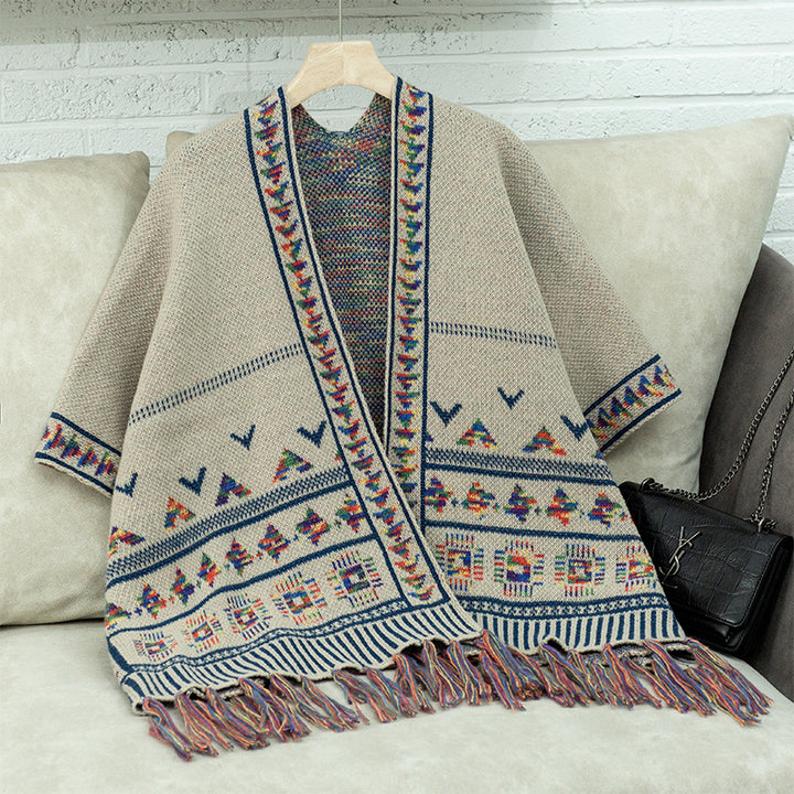 Women elegant poncho with colorful ethnic pattern Lune London