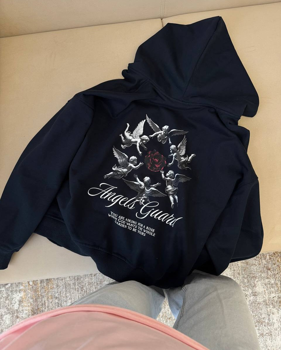Women's hoodie with artistic angel pattern and trendy inscription Lune London