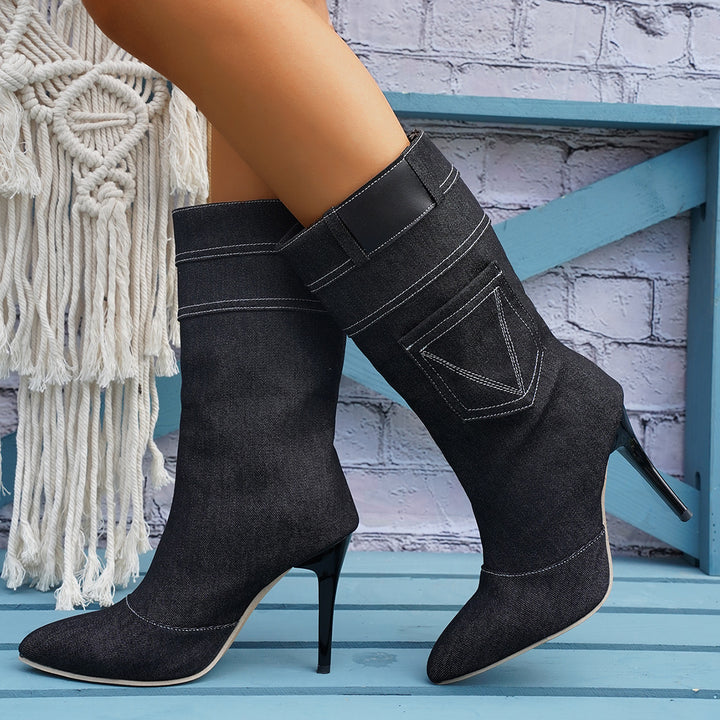 Knee-high denim boots for women made of high-quality denim with a chic stylish heel
