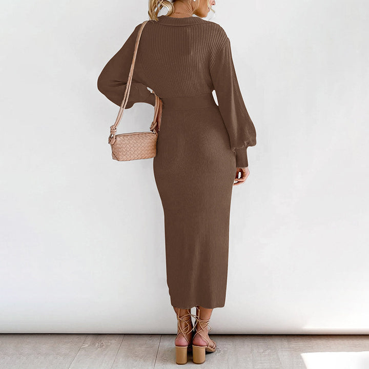 Knit dress for women with a waist belt and beautiful V-neck Lune London