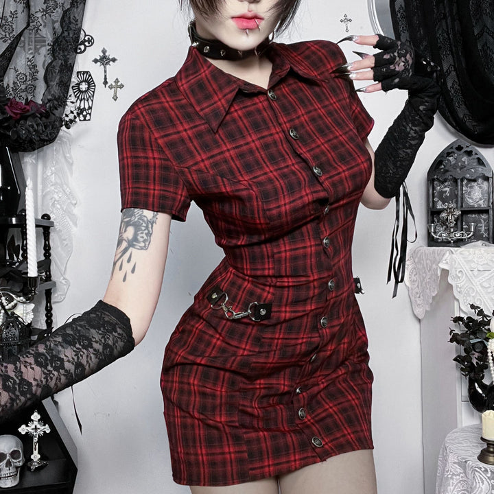 Ladies short sleeve dress in Scottish plaid pattern with button placket and decorative details