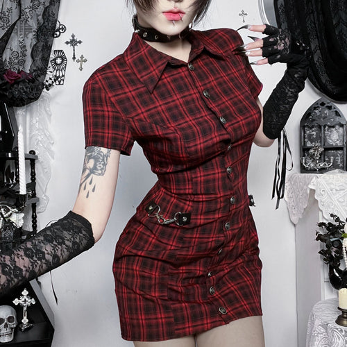 Ladies short sleeve dress in Scottish plaid pattern with button placket and decorative details