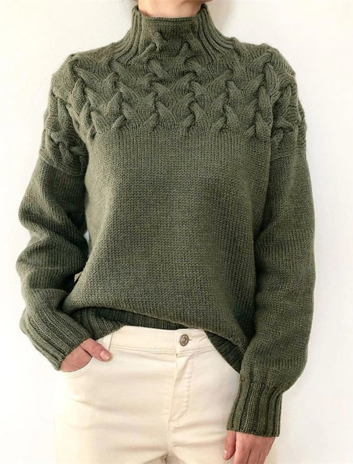 High neck sweater for women with decorative cable knit pattern Lune London