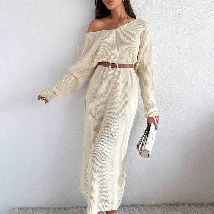 Casual knitted dress for women with an asymmetric cut and an elegant belt Lune London