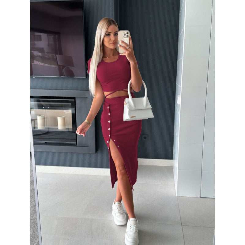 Women Ribbed Crop Top and Buttoned Midi Skirt Set Lune London