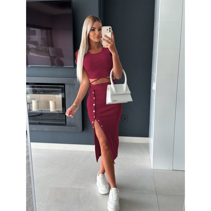 Women Ribbed Crop Top and Buttoned Midi Skirt Set Lune London