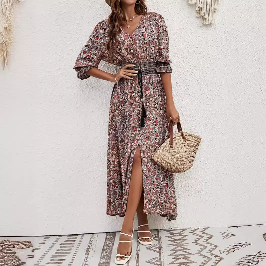 Maxi dress for women with removable belt at the waist and artistic pattern Lune London