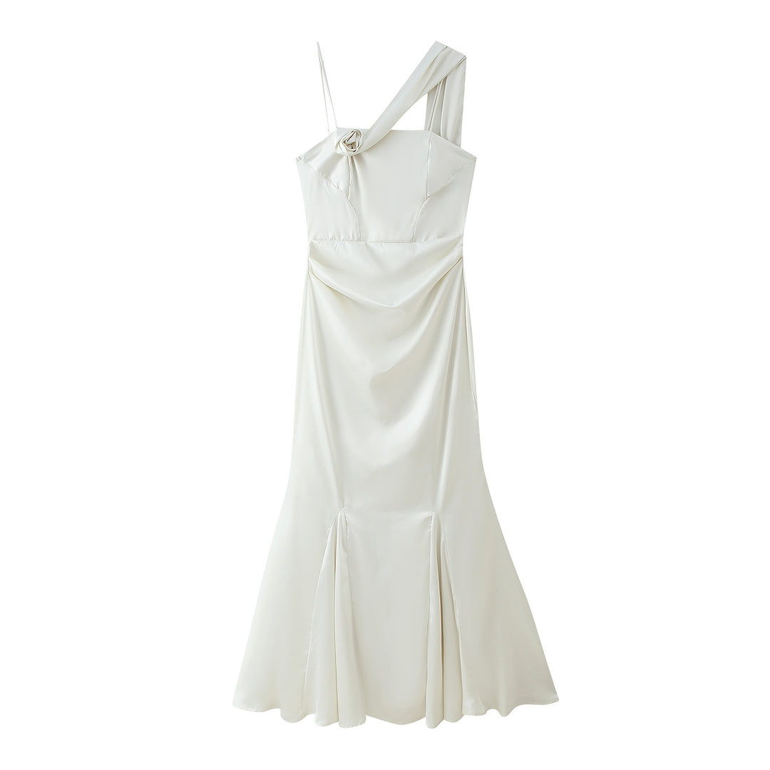 Maxi dress for women with asymmetric cut and elegant ruffle detail Lune London