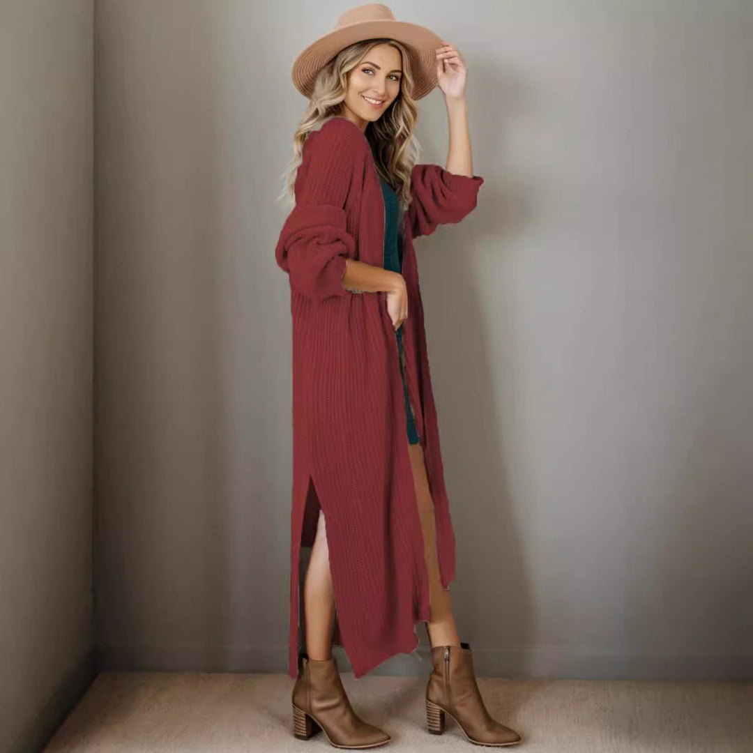 Ladies long cardigan in casual ribbed knit with open sleeves and pockets Lune London