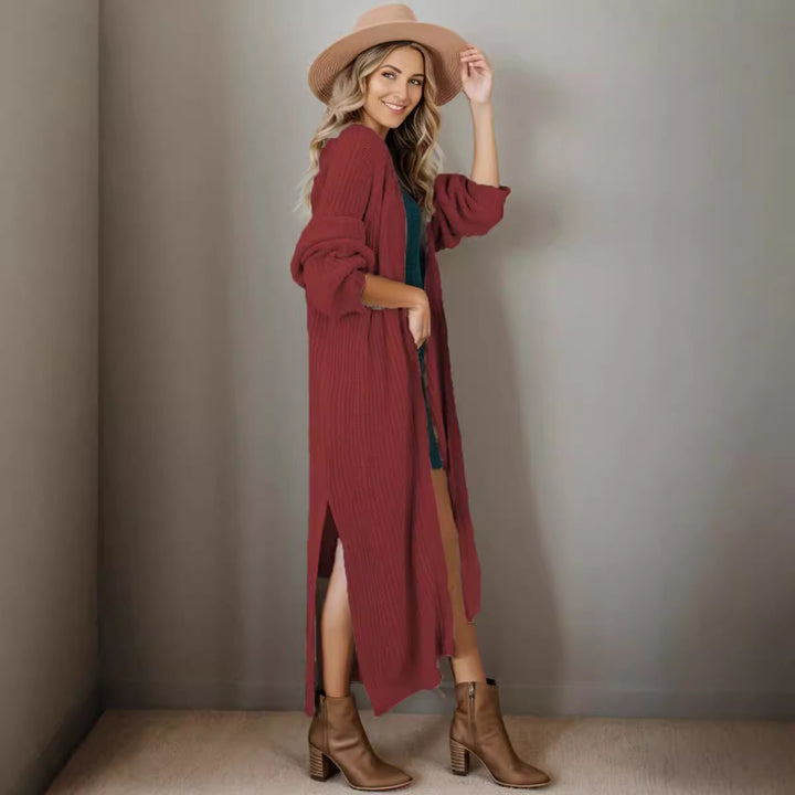 Ladies long cardigan in casual ribbed knit with open sleeves and pockets Lune London