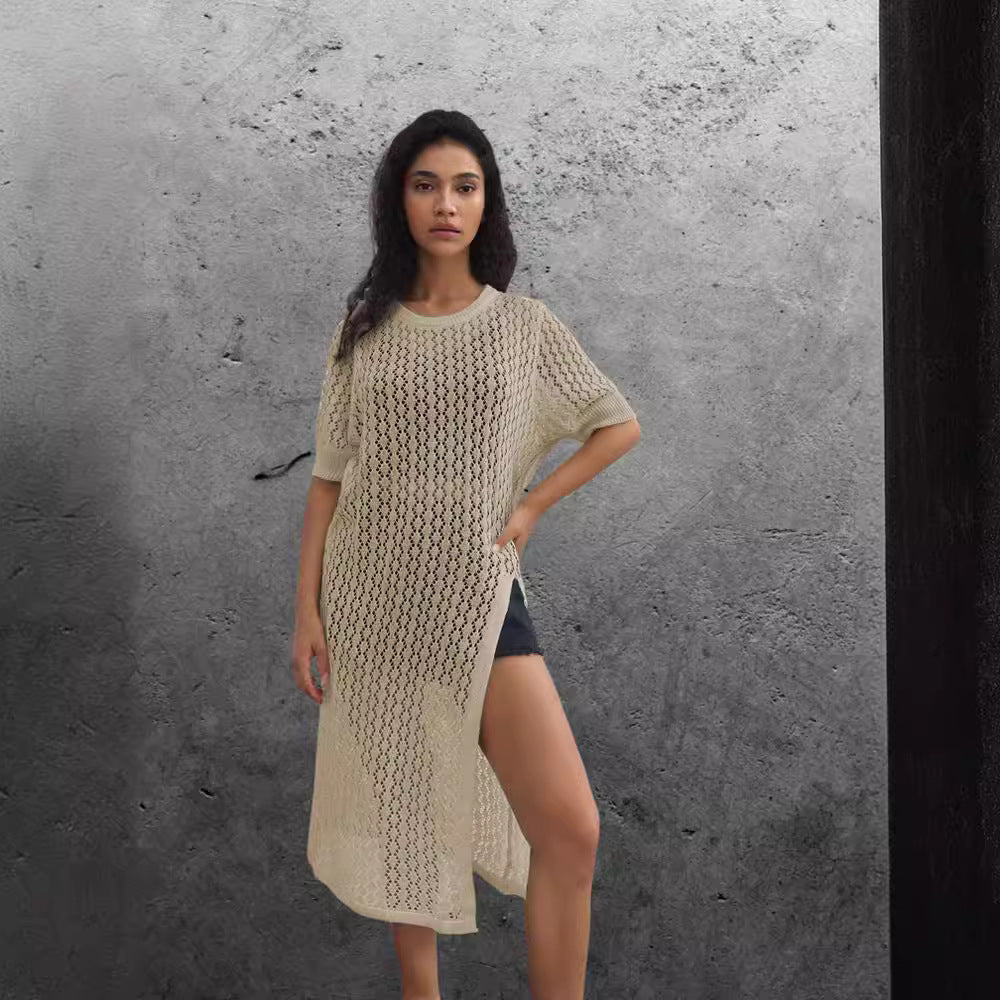 Ladies long knitted kimono with open design and breathable mesh structure Chic and Style