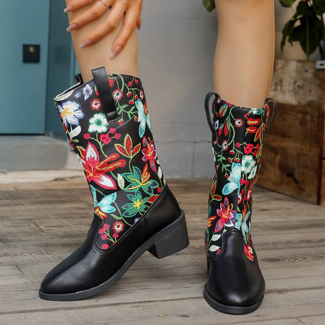 Women's cowboy boots with embroidered floral pattern and comfortable block heel Lune London