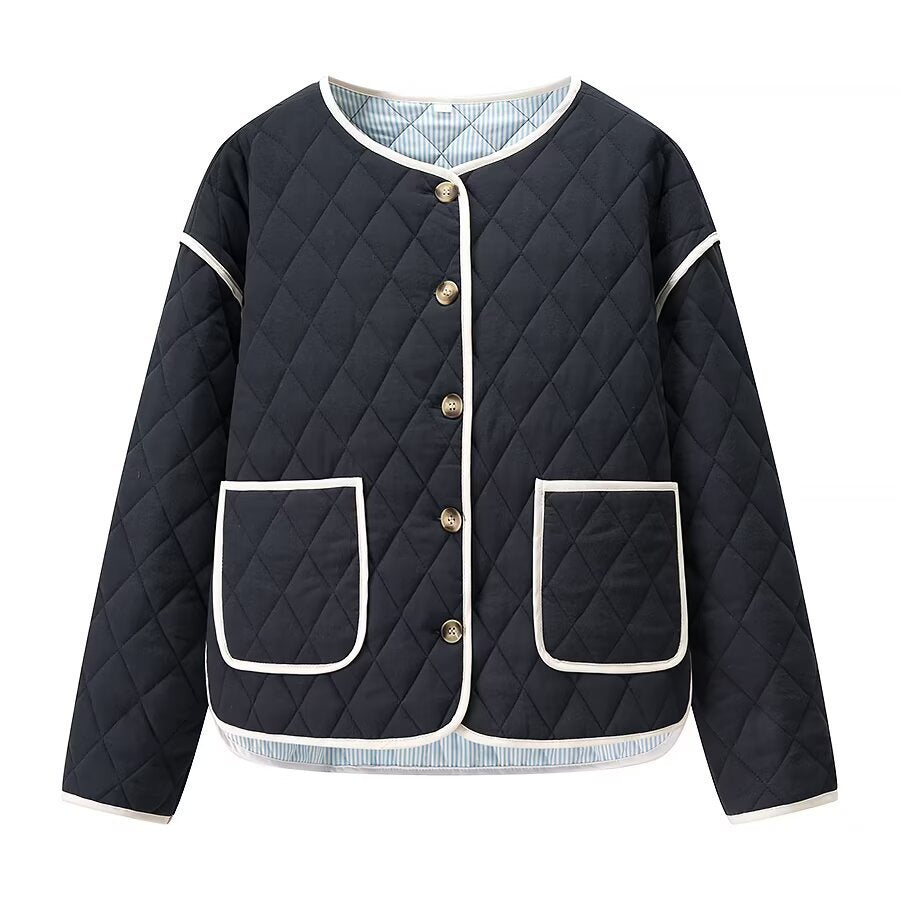 Women's quilted transition jacket with round collar and practical pockets Lune London