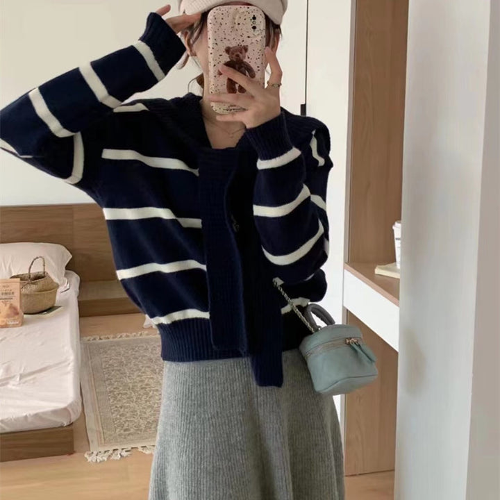 Striped women's sweater with soft collar and practical loop Lune London