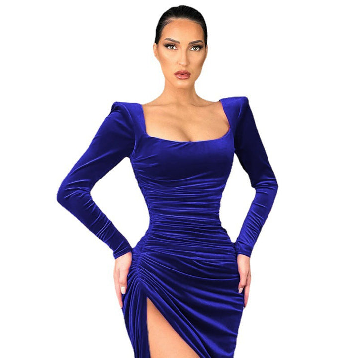 Elegant stretch dress for women with asymmetrical slit and long sleeves Lune London